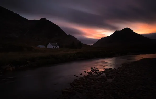 The sky, clouds, night, house, darkness, river, stones, hills