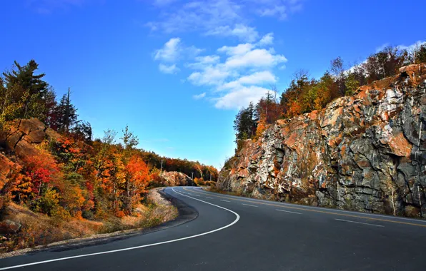 Road, autumn, trees, rocks, Canada, Ontario