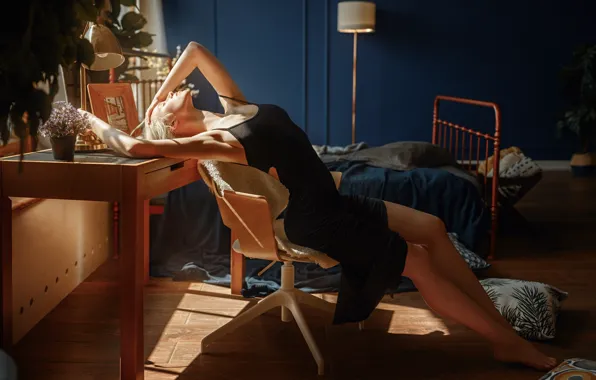 DRESS, CHAIR, TABLE, BED, POSE, photographer Georgy Chernyadyev, Model Anastasia Rozhkova