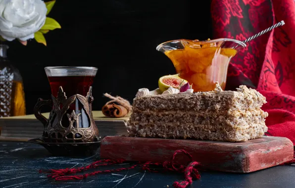 Flower, glass, the dark background, table, tea, spoon, the tea party, cake