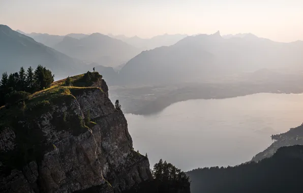 Trees, mountains, river, rocks, people, height, Switzerland, panorama