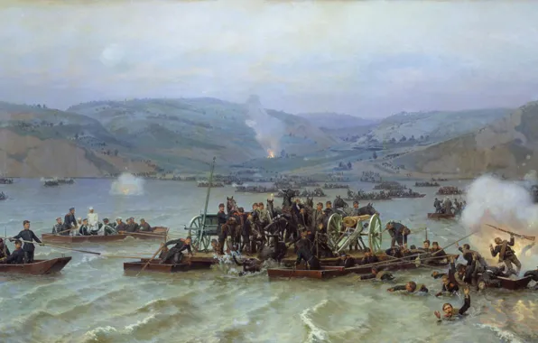 Picture water, explosions, boats, Nikolai DMITRIEV-ORENBURG, The crossing of the Russian army, across the Danube from …