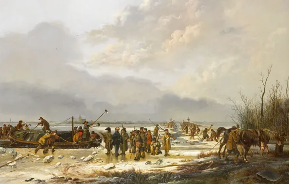 Landscape, oil, picture, canvas, Pieter Gerardus van OS, Frozen Karnemelksloot in Naarden
