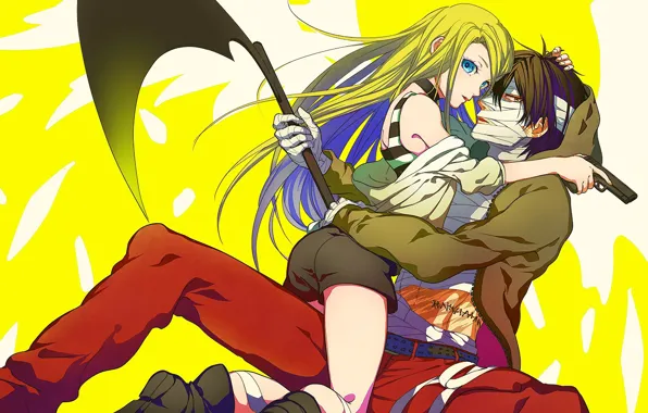 Girl, hugs, guy, bandages, yellow background, Angel bloodshed, Satsuriku no Tenshi, Zach