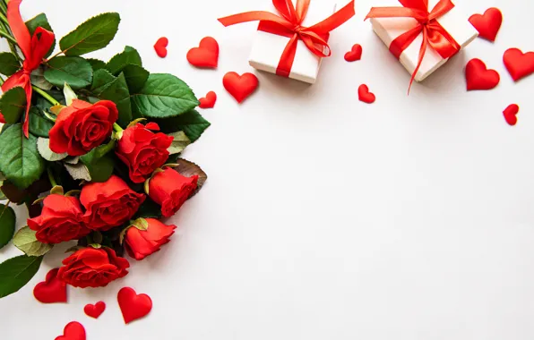 Holiday, roses, gifts, hearts, Valentine's Day
