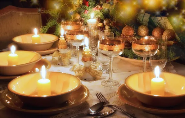 Table, tree, candles, glasses, Christmas, dishes, bows, Christmas