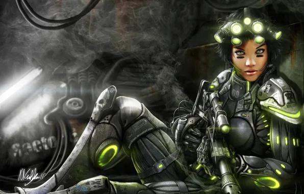 Picture girl, weapons, smoke, art, soldiers, lights, costume, starcraft