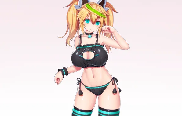 Girl, sexy, lingerie, bra, cleavage, panties, thighhighs, green eyes