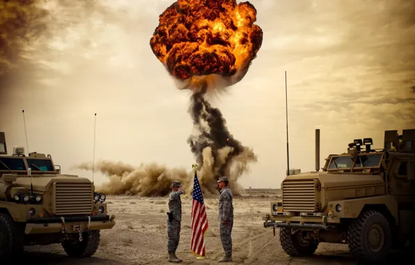 Trucks, the explosion, mushroom, soldiers, USA, army, greeting