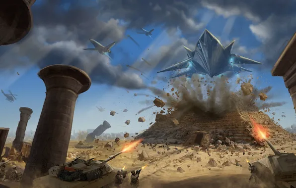 The explosion, army, art, aircraft, soldiers, tank, attack, pyramid