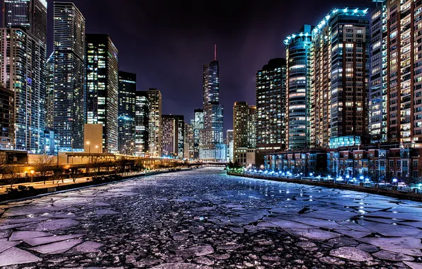 Winter, Lights, Night, River, Chicago, Skyscrapers, Building, America