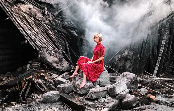 Girl, Stones, Dress, Legs, Red, Devastation