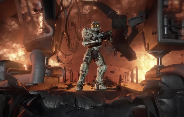 Fire, explosions, soldiers, Spartan, the master chief, halo 4, master chief, HELO