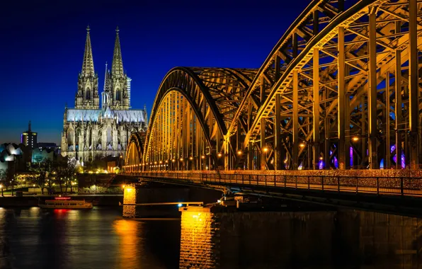 Bridge, Night, Germany, Bridge, Germany, Night, Cologne Cathedral, the Rhine river