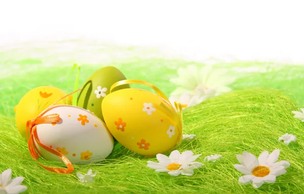 Light, chamomile, eggs, spring, Easter, grass, holidays, bow
