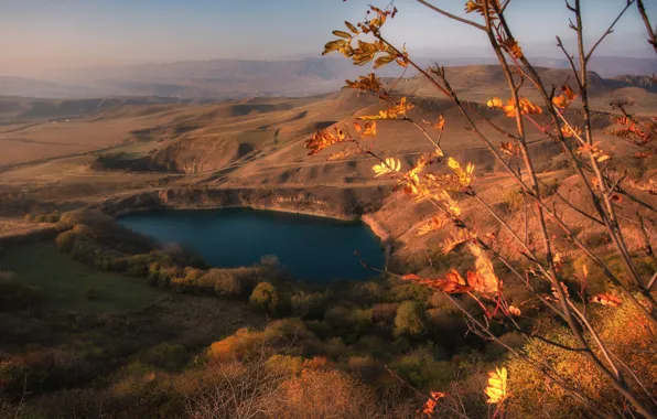 Autumn, landscape, mountains, branches, nature, lake, tree, Kabardino-Balkaria