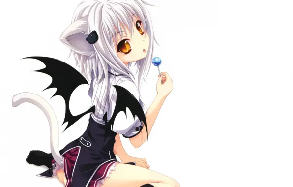 Tail, white background, baby, ears, white hair, devil, yellow eyes, from the back