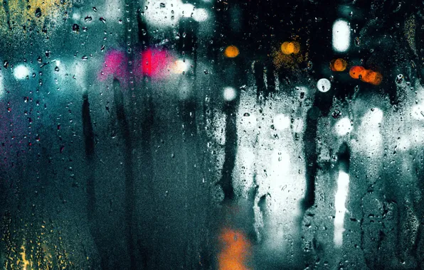 Wet, glass, drops, macro, light, the city, glare, rain