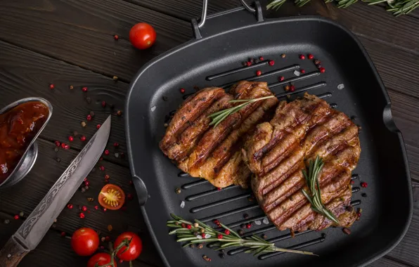 Meat, tomatoes, rosemary, steak