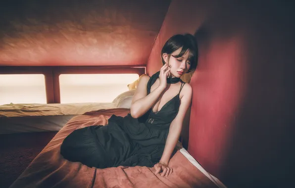 Pose, model, Windows, portrait, makeup, dress, brunette, hairstyle