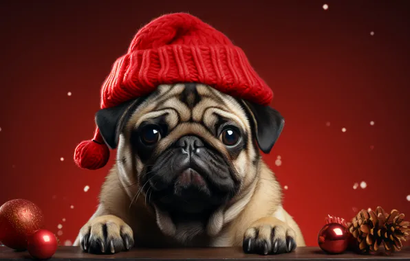 Look, dog, Christmas, pug, New year, face, red background, Christmas decorations