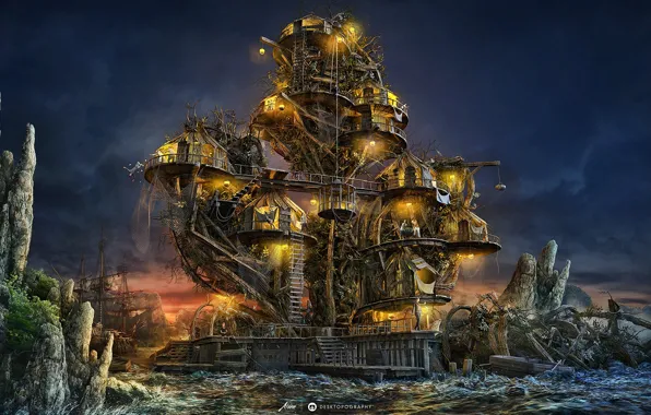 Night, house, ship, island, art, desktopography, pirate island