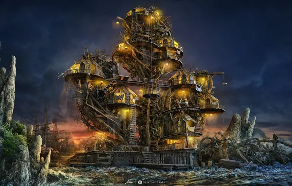 Picture night, house, ship, island, art, desktopography, pirate island