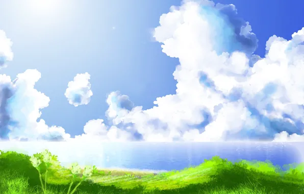 Picture sea, grass, the sun, clouds, landscape, shore, figure
