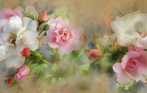Flower, leaves, flowers, background, figure, graphics, rose, roses
