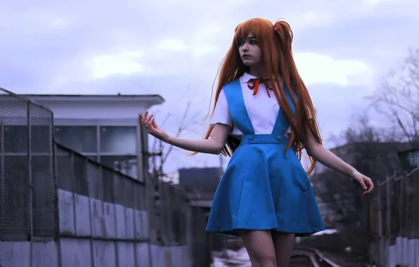 The fence, building, outfit, image, red, cosplay, Evangelion, tenletters