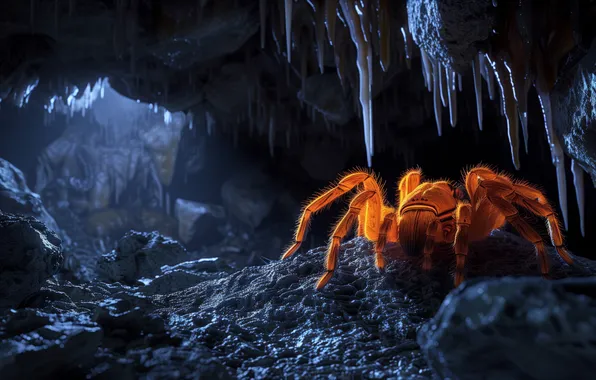 Orange, spider, spider, cave, orange, insect, cave, stalactites