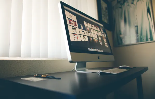 Table, apple, mouse, keyboard, monitor, brand, iMac