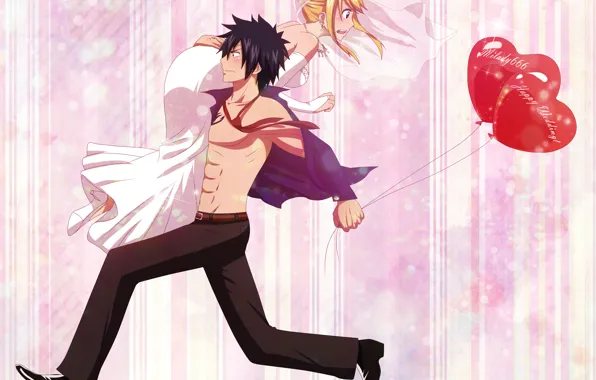 Picture girl, anime, art, guy, balloons, fairy tail, tale of fairy tail, gray fullbuster