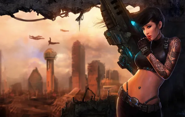 Girl, the city, weapons, wall, pattern, tattoo, art, ruins
