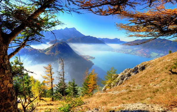 Autumn, trees, landscape, mountains, nature, fog, lake, Austria