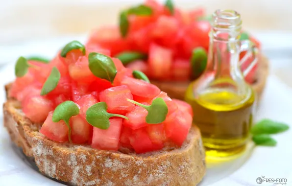 Oil, sandwich, tomatoes, bruschetta