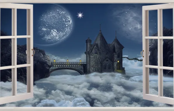 Fantasy, Clouds, Castle, Window, Heavens