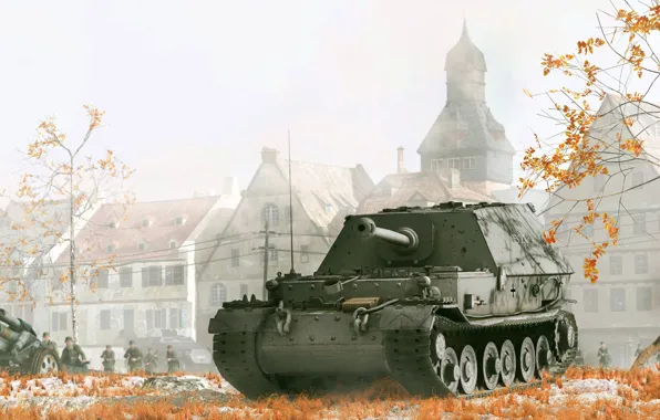 Autumn, art, soldiers, gun, structure, SAU, the second world war, the Wehrmacht