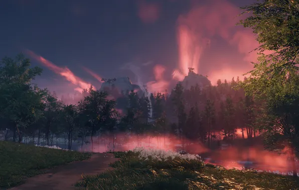 Road, trees, river, the game, mountain, game, road, river