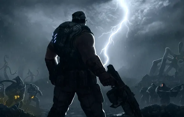Picture clouds, rain, lightning, monsters, Gears of War, Marcus Fenix