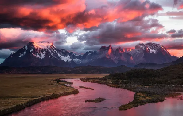 Clouds, sunset, mountains, river, shore, tops, dal, pond