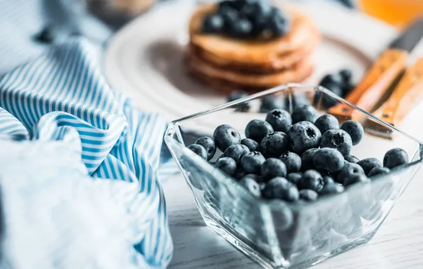 Glass, berries, table, Board, towel, blueberries, knife, bowl