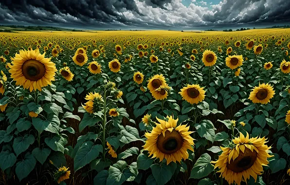 Field, summer, the sky, leaves, sunflowers, landscape, flowers, clouds
