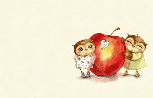 Picture mood, gift, owl, heart, Apple, art, a couple, Valentine