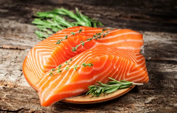 Close-up, Board, fish, plate, piece, twigs, spices, salmon