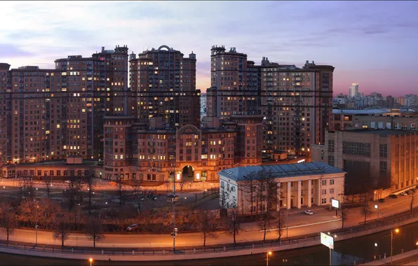 Sunset, lights, river, road, home, the evening, panorama, Moscow