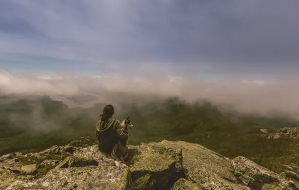 The sun, Clouds, Mountains, Fog, Dog, River, Hills, Plain
