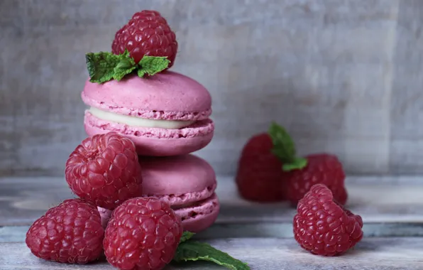 Raspberry, cookies, mint, cream, macarons, pasta, almond