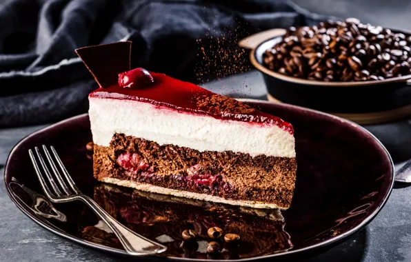 Cherry, plate, cake, cream, chocolate, jelly