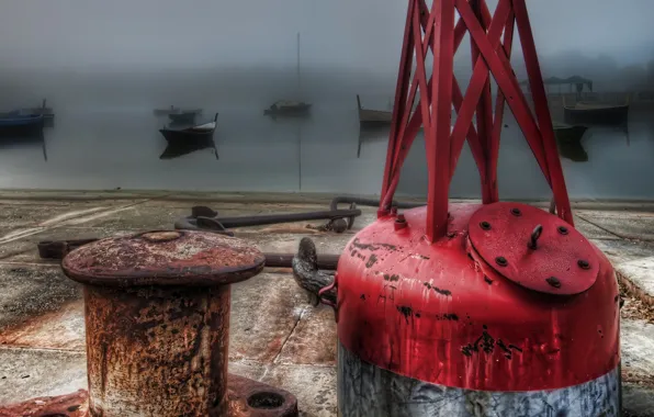 Water, fog, boat, pier